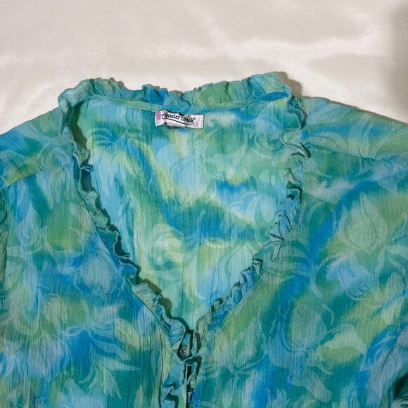 Coldwater Creek Top Button Up Swim Cover Up Aqua Blue Floral Sheer Lightweight - Picture 5 of 10